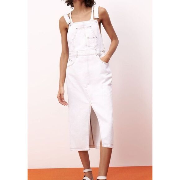 Zara Ecru Bib Overalls Dress Y2K Retro Boho Instagram Favorites Sz Small - Picture 2 of 10